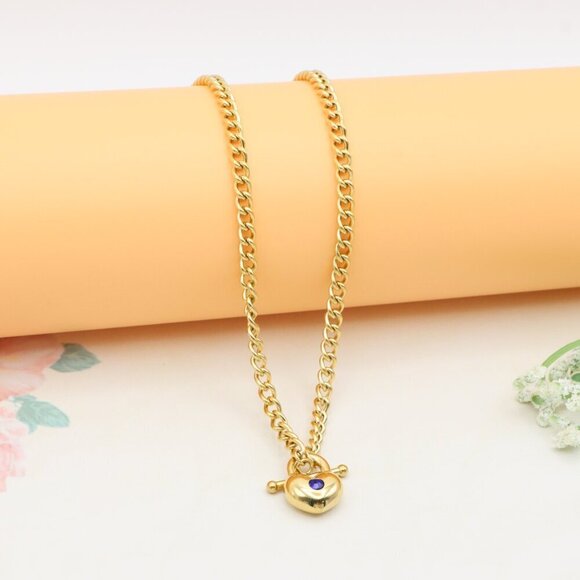 Heart Charm Gold Necklace with Blue Stone – Elegant Chain Style, XPNL0379 - Picture 2 of 13